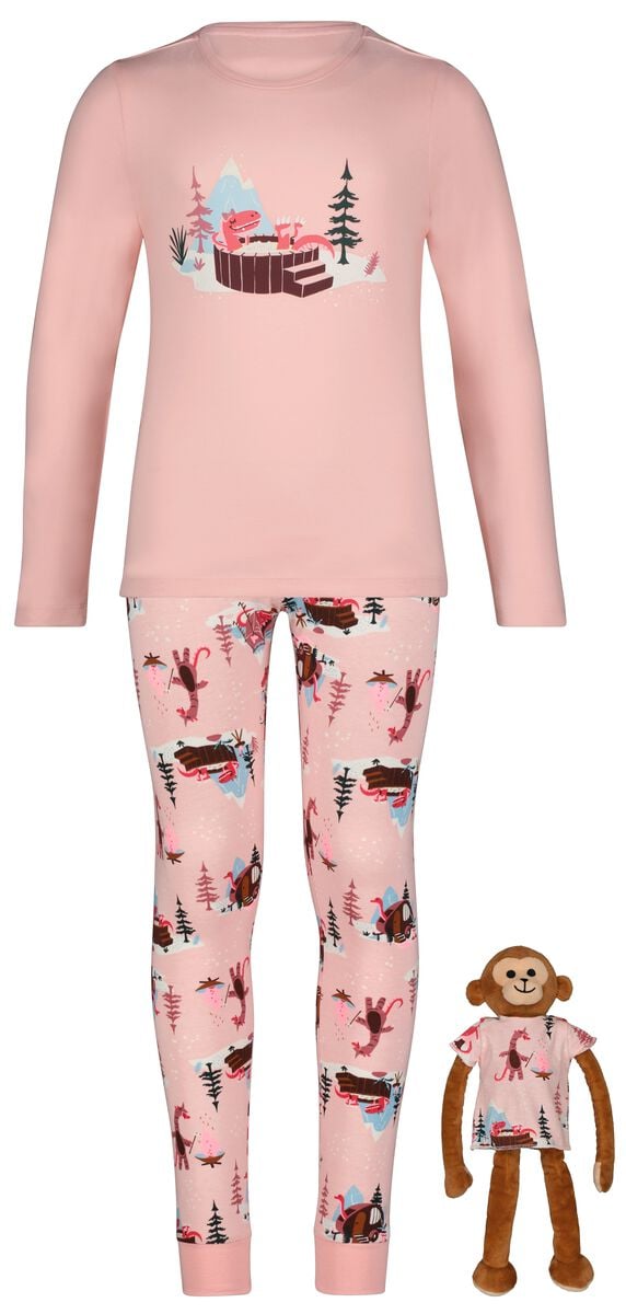 kinderpyjama en poppennachtshirt glamping lichtroze - HEMA