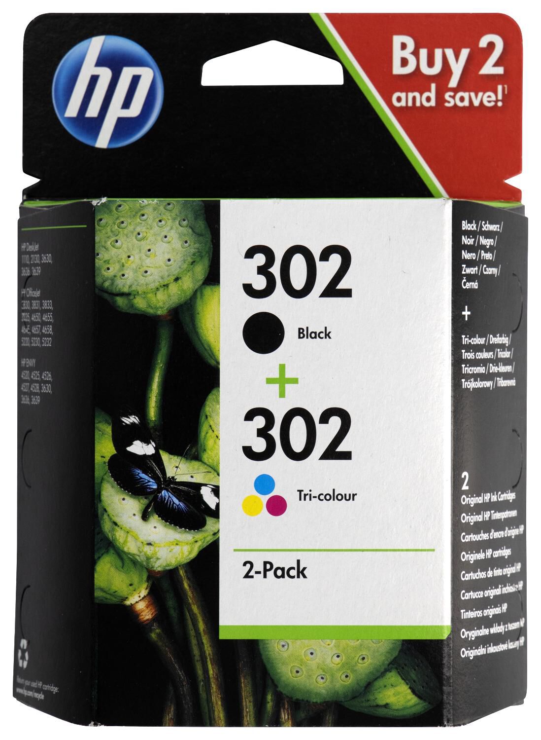 cartridge HP 302 zwart/kleur - 2 stuks - HEMA
