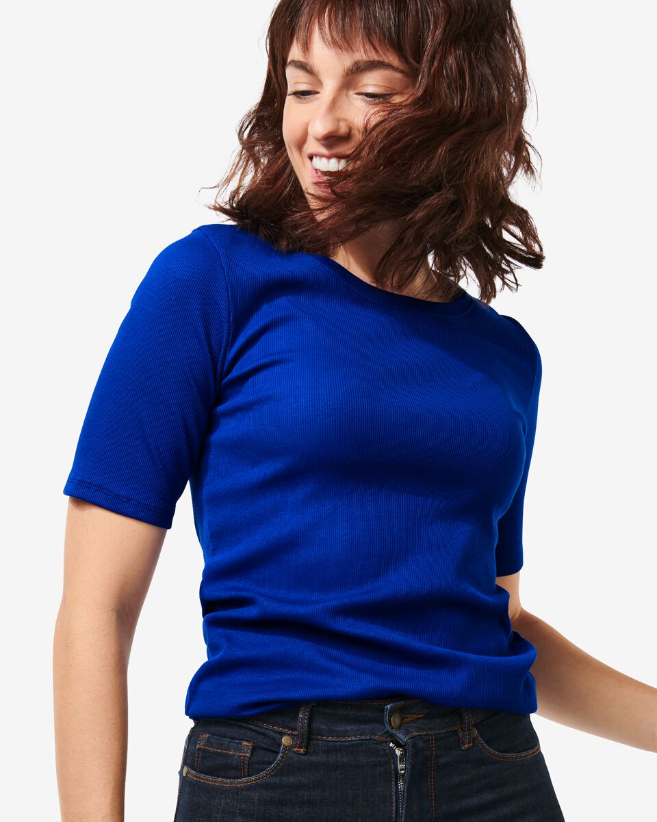 dames t-shirt Clara rib blauw - HEMA