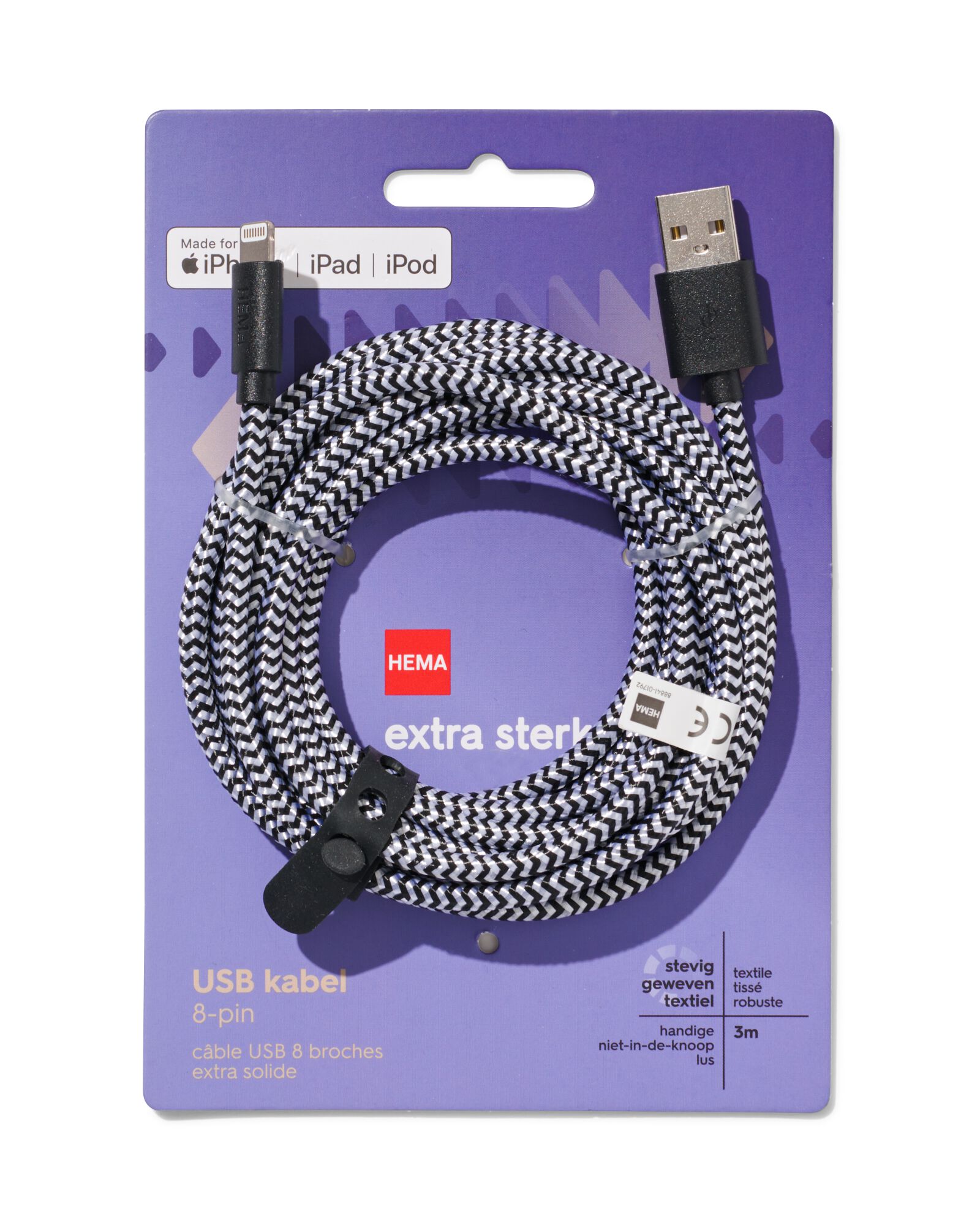 USB laadkabel 8-pin 3m - HEMA