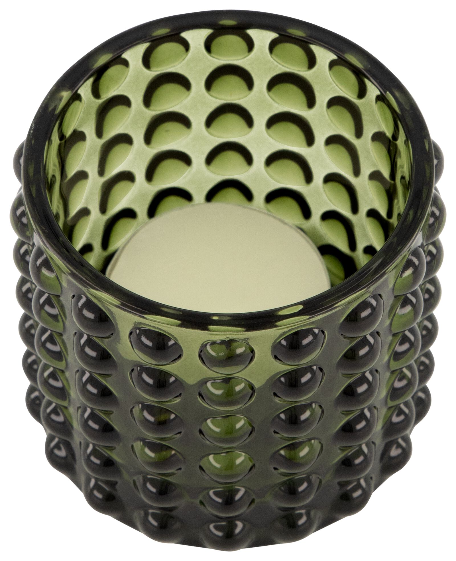 sfeerlichthouder glas met reliëf stippen Ø7x6.5 groen - HEMA