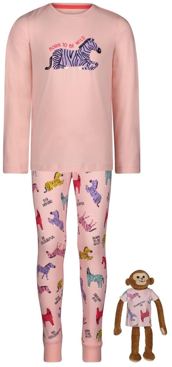 kinder pyjama katoen met poppennachtshirt zebra lichtroze - HEMA