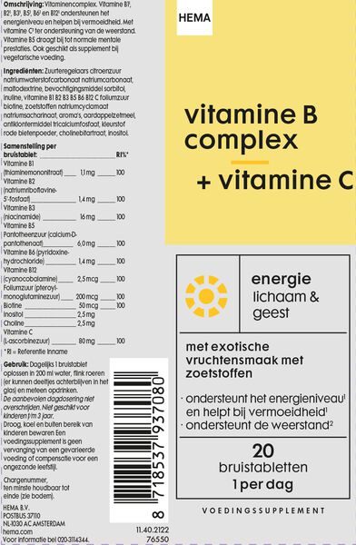 vitamine B complex + vitamine C - 20 bruistabletten - HEMA
