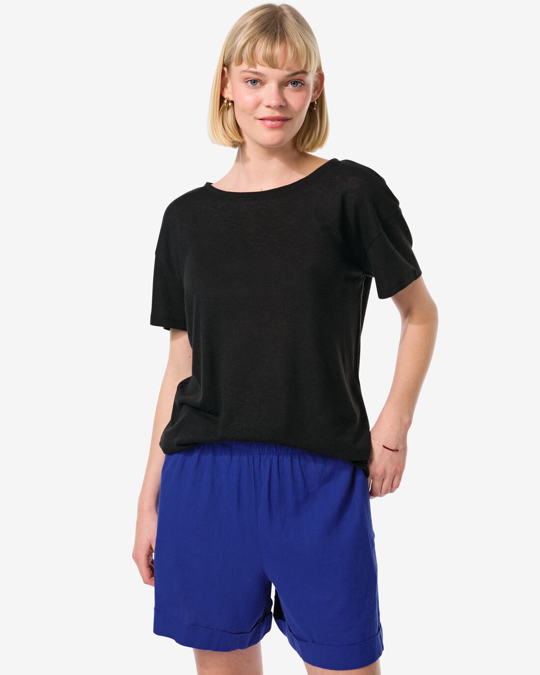 HEMA Dames T-shirt Evie Met Linnen Zwart (zwart) - Thumbnail 1