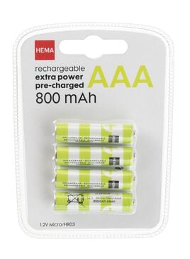 oplaadbare AAA batterijen 800mAh - 4 stuks - HEMA