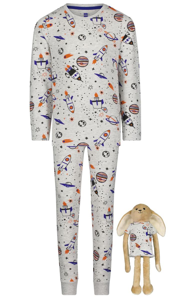 kinderpyjama en poppennachtshirt (t/m 122/128) space grijsmelange - HEMA