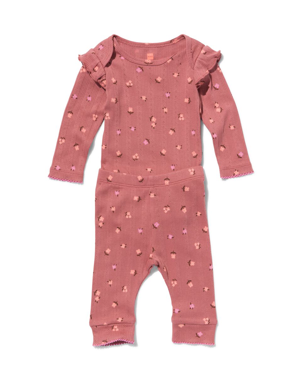 newborn kledingset legging en romper met ribbels en ajour roze - HEMA