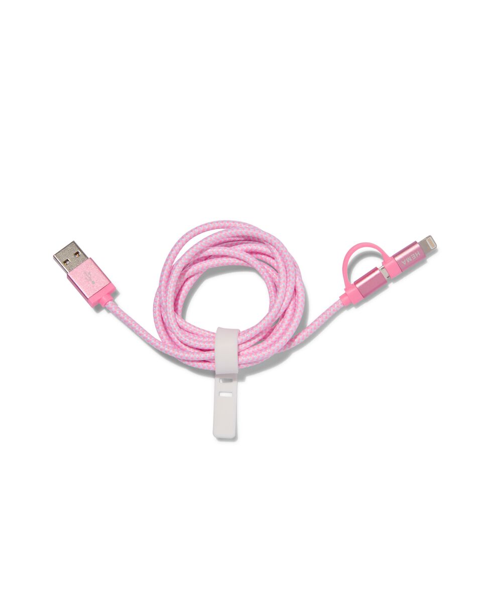 USB laadkabel micro-USB en 8-pin - roze - HEMA