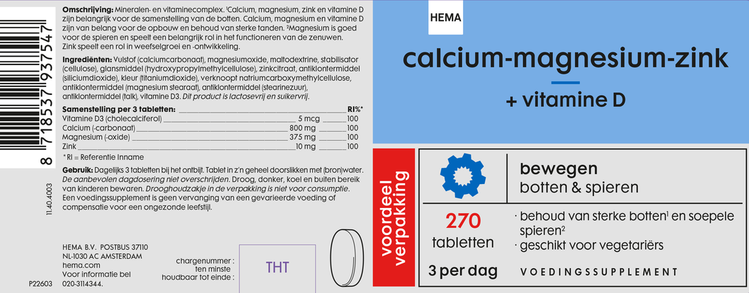 calcium-magnesium-zink + vitamine D - 270 stuks - HEMA