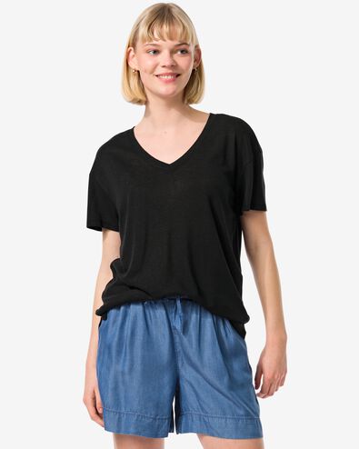 dames t-shirt Evie met linnen zwart S - 36263551 - HEMA