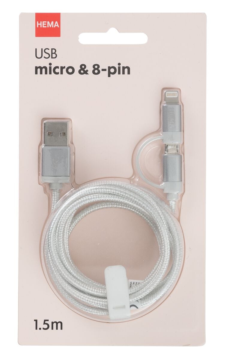 USB laadkabel micro & 8-pin - HEMA